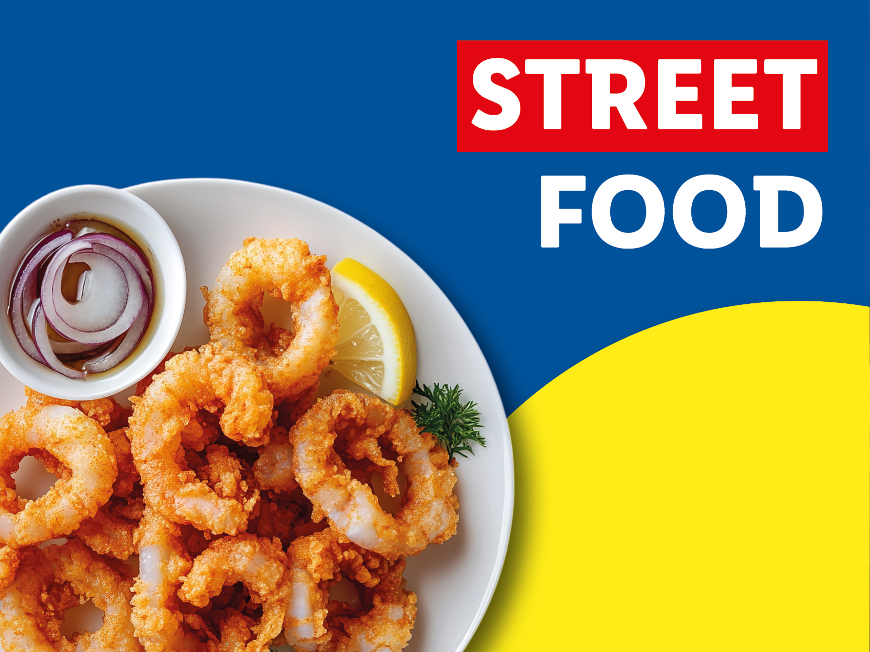 Fried calamari rings with red onion and lemon on a plate; 'Street Food' text overlay.