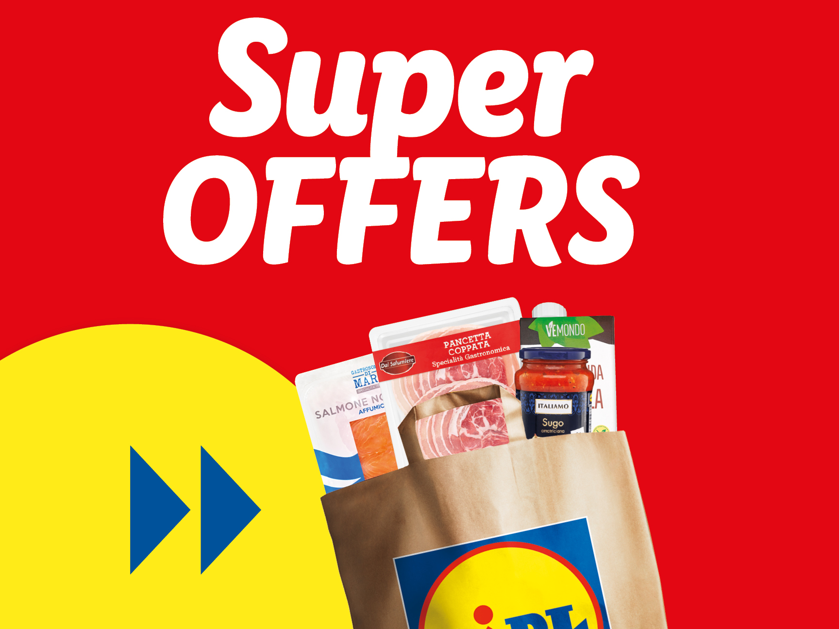 Lidl's Super Offers: Pancetta, salmon, and Italian tomato sauce in a shopping bag.