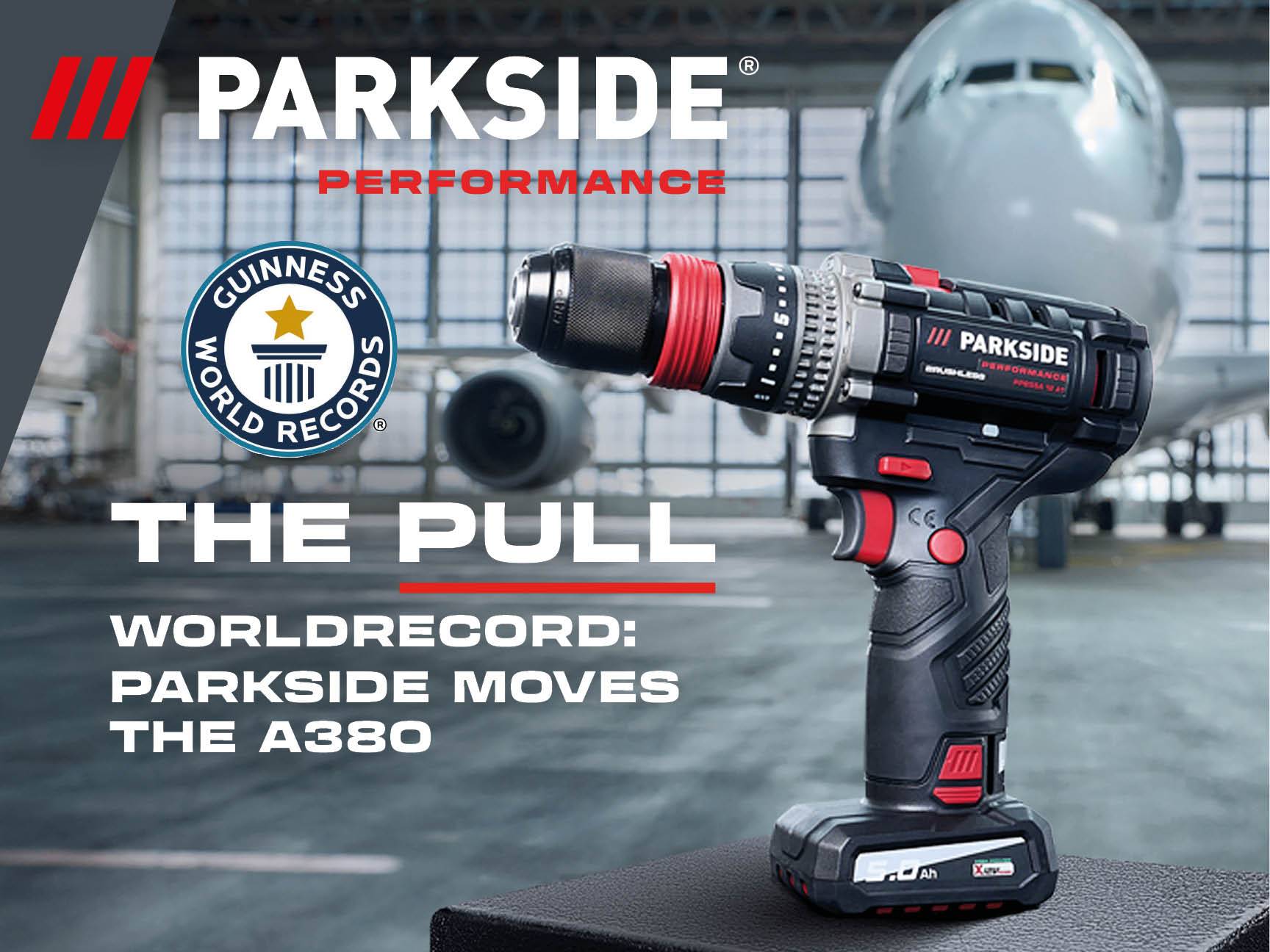 A Parkside Performance drill pulls an Airbus A380, setting a Guinness World Record.