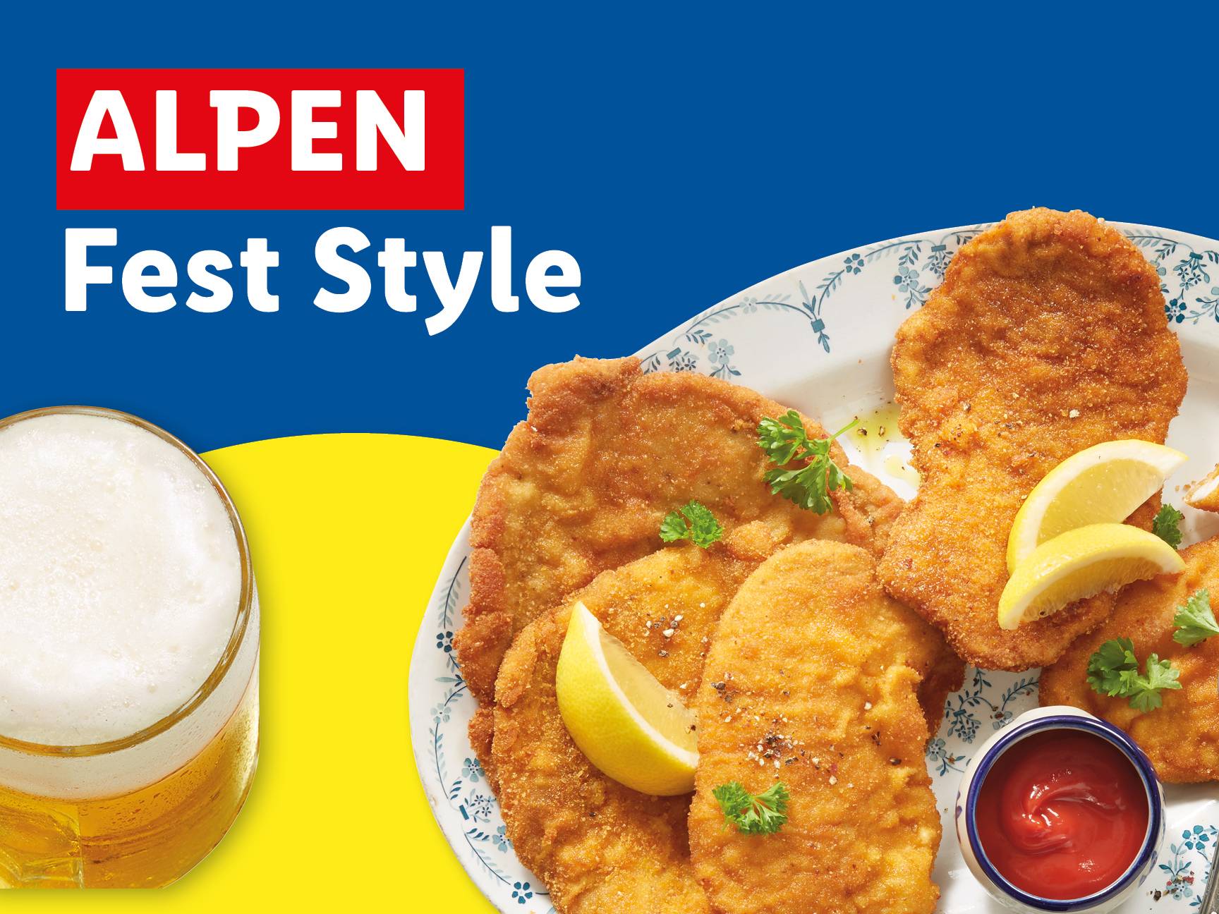 Alpen Fest Style breaded cutlets served with lemon wedges, parsley, ketchup, and beer.