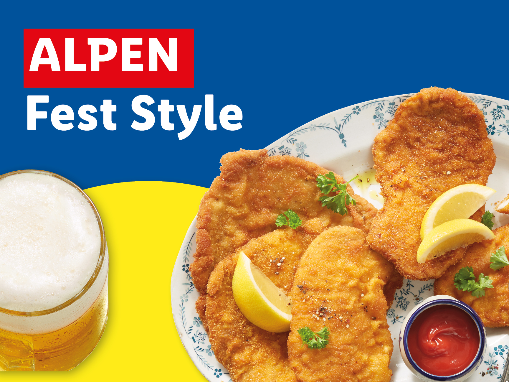 Alpen Fest Style breaded cutlets served with lemon wedges, parsley, ketchup, and beer.