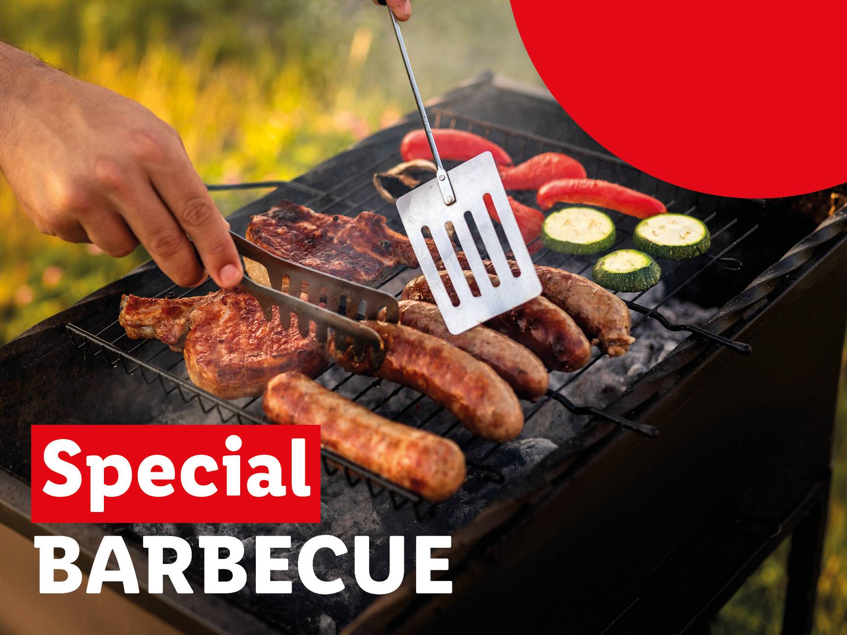 Special barbecue: grilling sausages, pork chops, and vegetables.