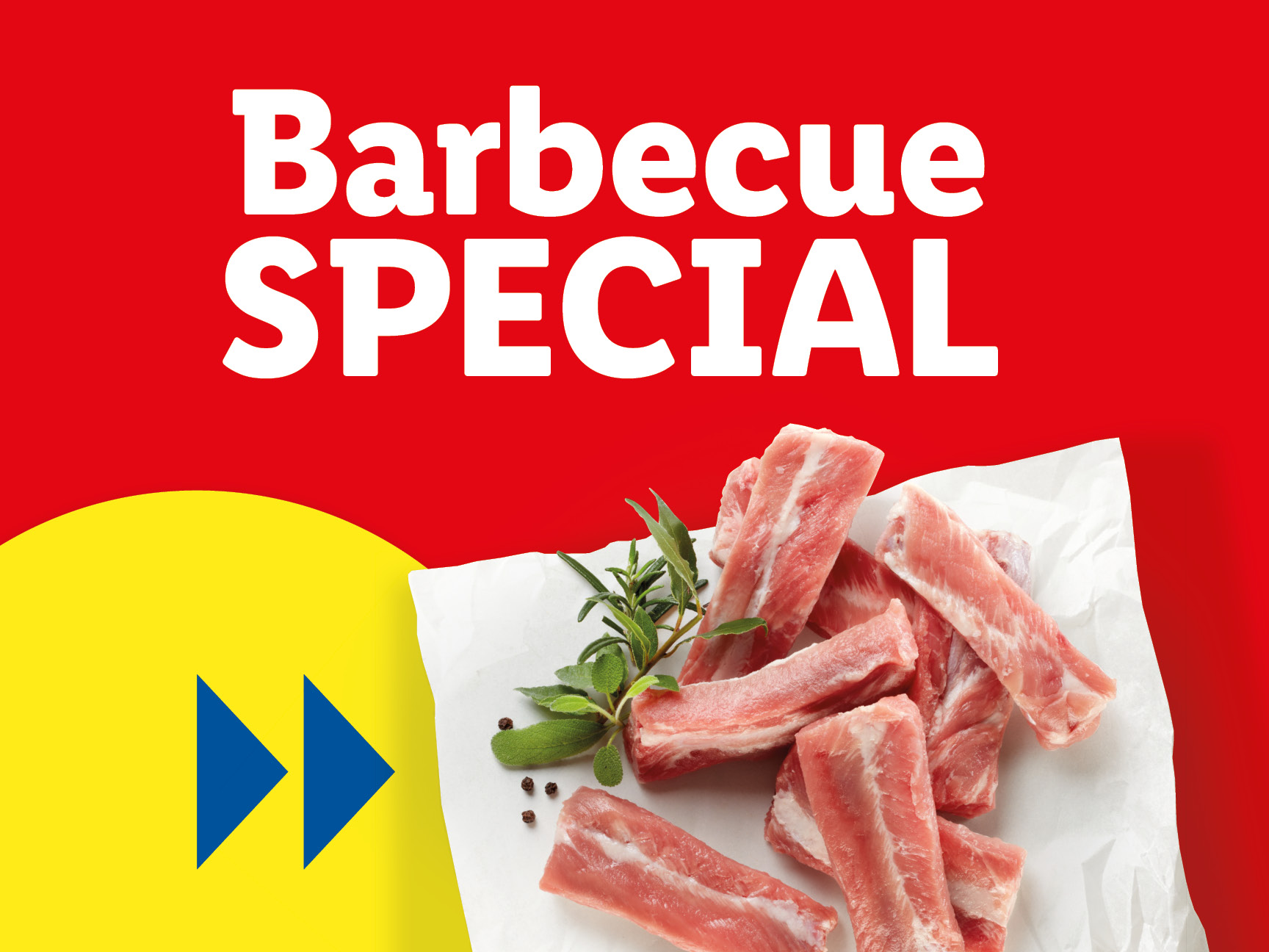 Barbecue Special advertisement with raw pork ribs and herbs.