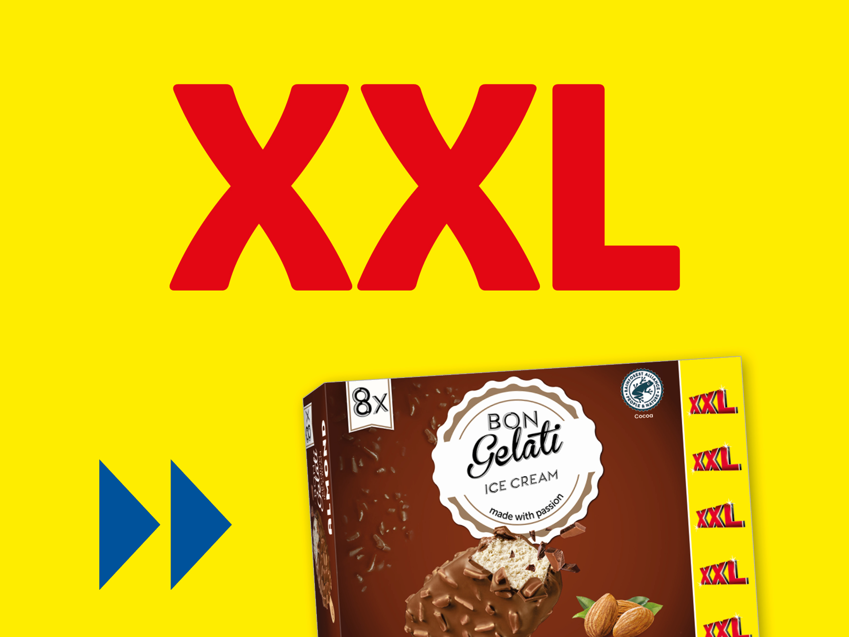 A yellow background with red 'XXL' text and a box of Bon Gelati ice cream.