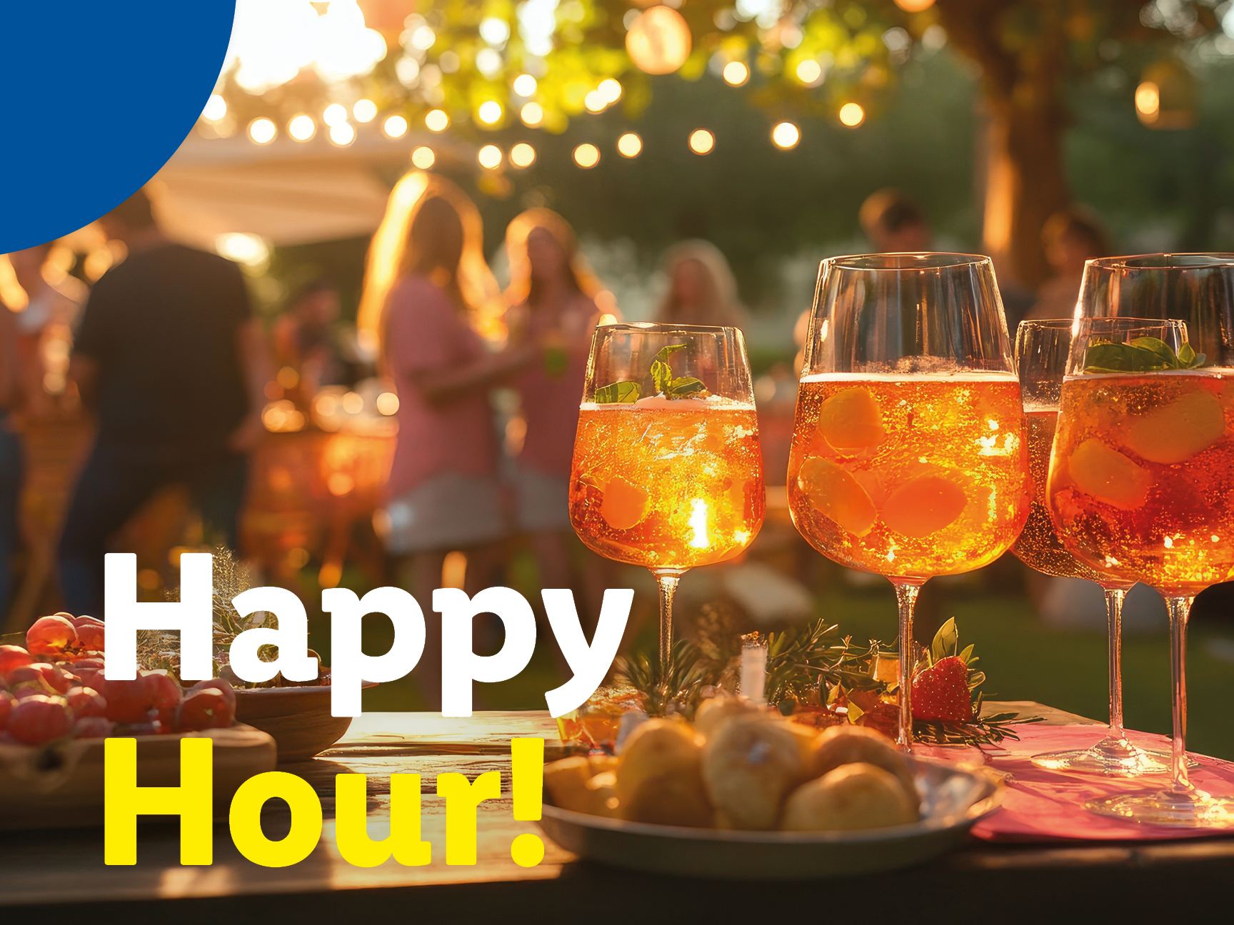 People enjoying drinks and snacks at an outdoor happy hour event with string lights.