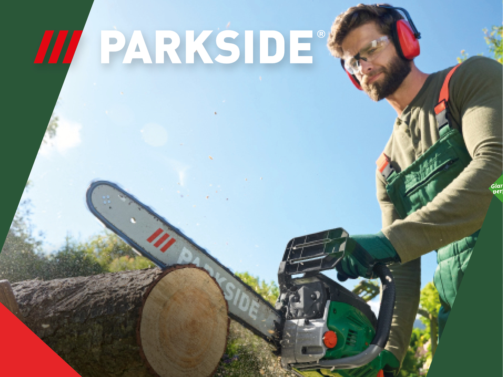 Man using a Parkside chainsaw to cut wood outdoors.
