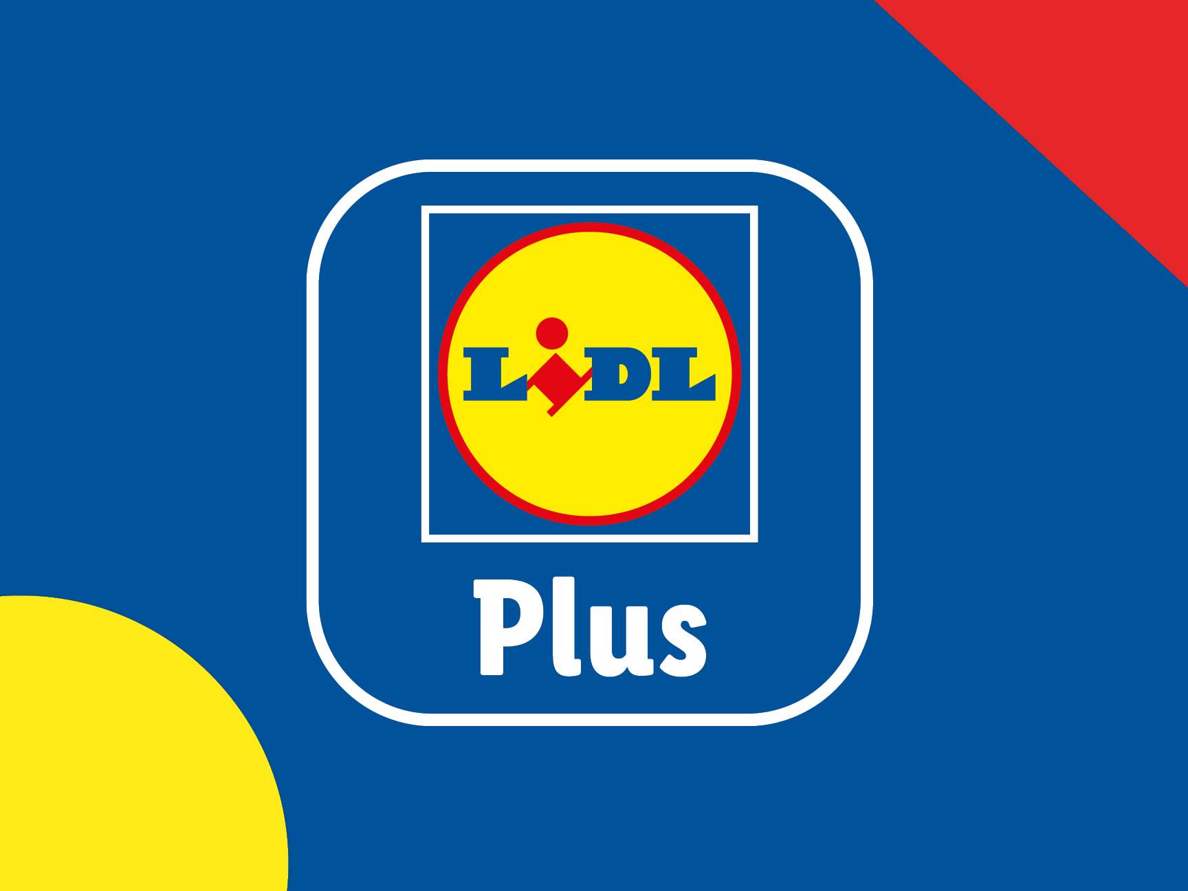 Lidl Plus app logo on a blue background with red and yellow accents.