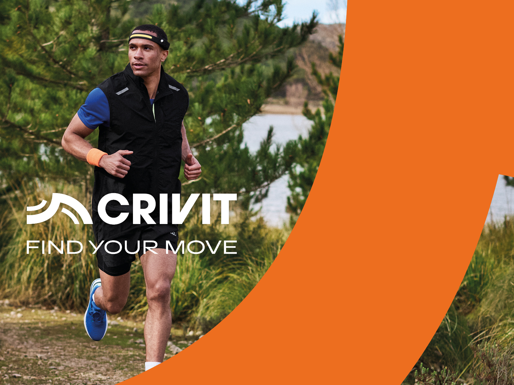 A man running outdoors, wearing Crivit activewear including a vest, shorts, and headband.