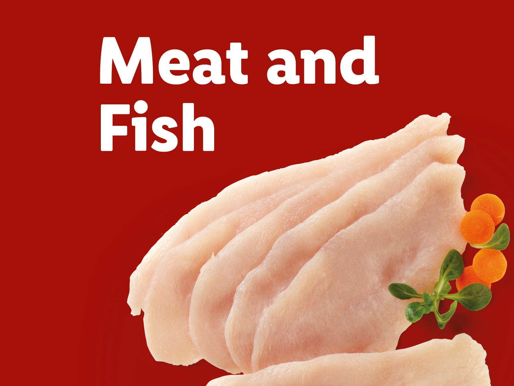 Raw chicken fillets with carrots and greens on a red background, with text 'Meat and Fish'.