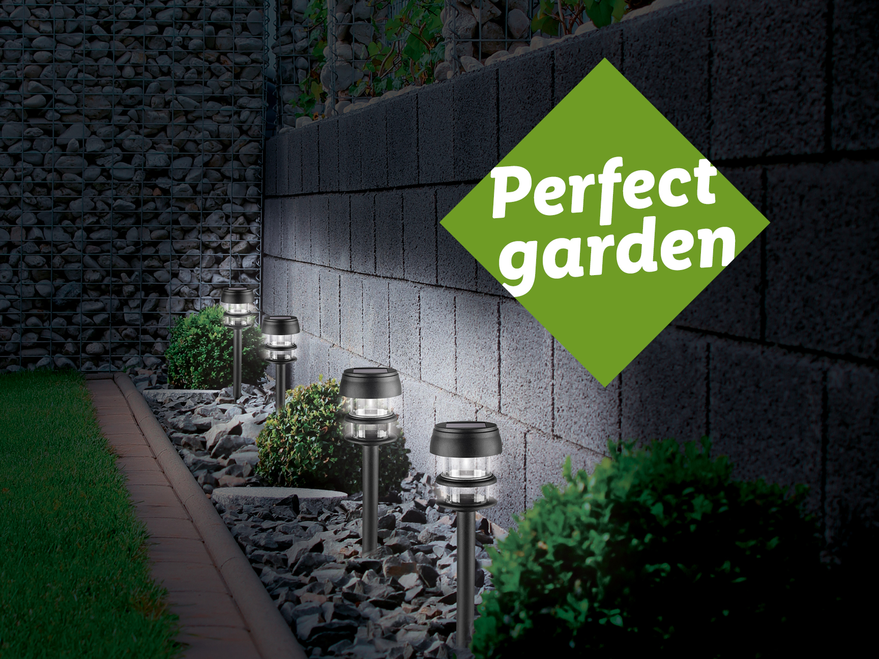 Solar garden lights illuminating a path next to a wall with a 'Perfect garden' logo.