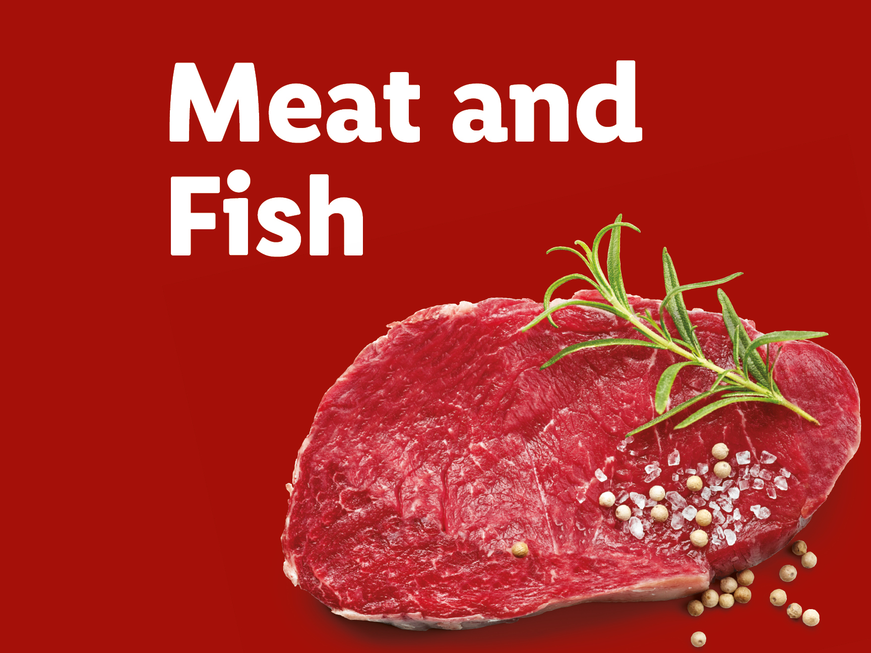 Raw meat with rosemary and spices on a red background, with text 'Meat and Fish'.