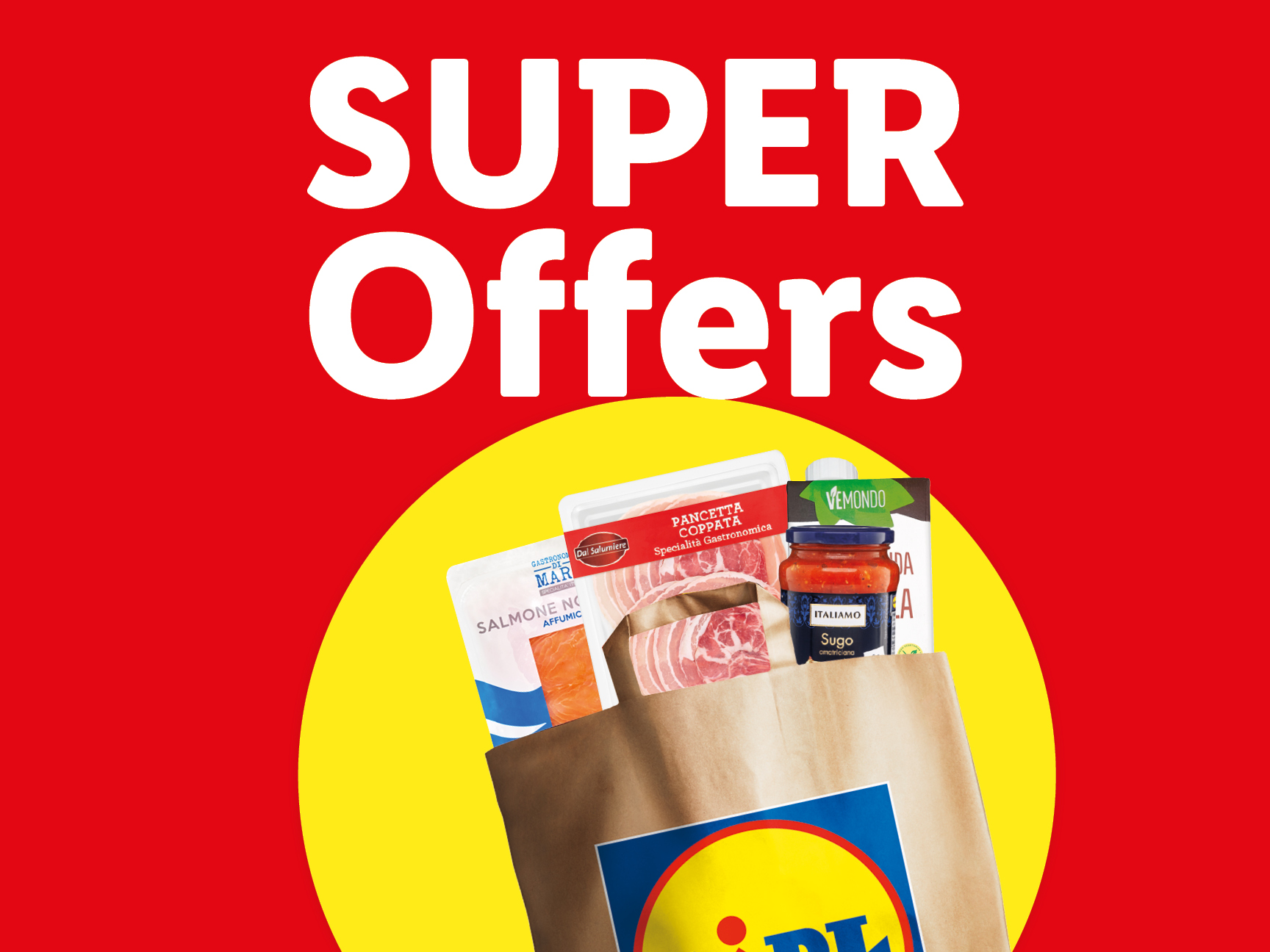 A red background with 'SUPER Offers' text, featuring a shopping bag with various food items.