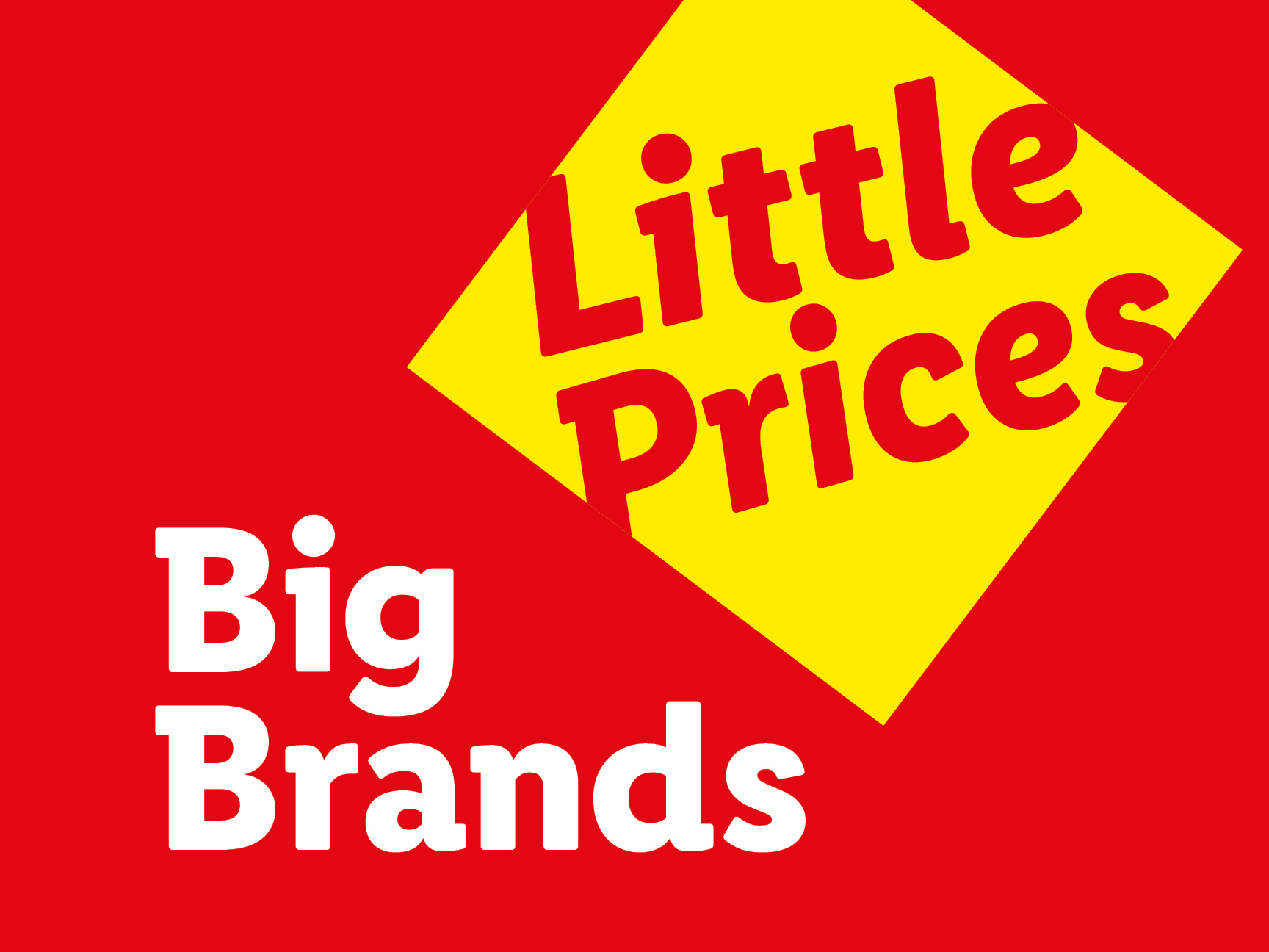 Big Brands, Little Prices on a red and yellow background.
