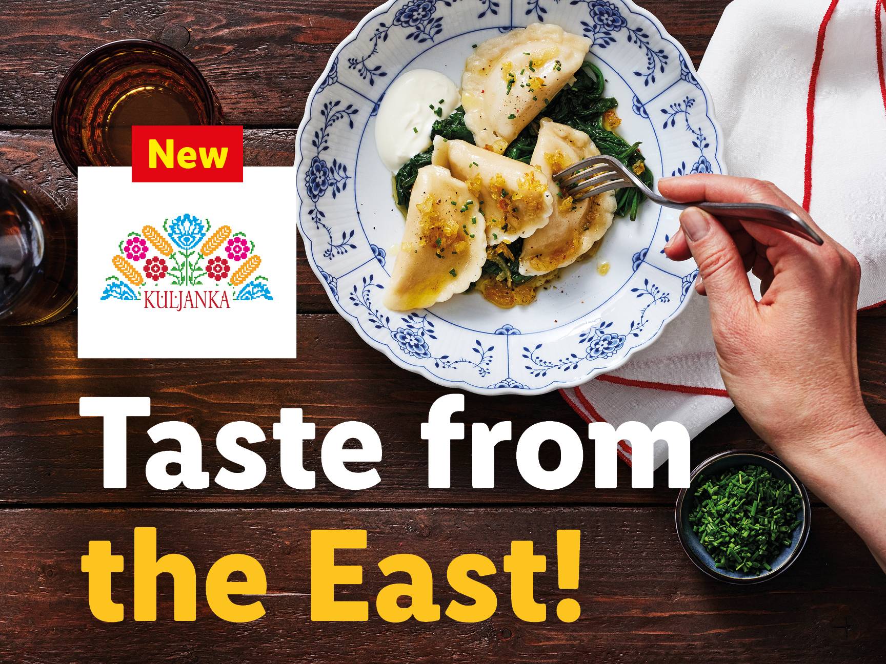 A plate of pierogi with a new brand logo for 'Kuljanka' and text 'Taste from the East!'