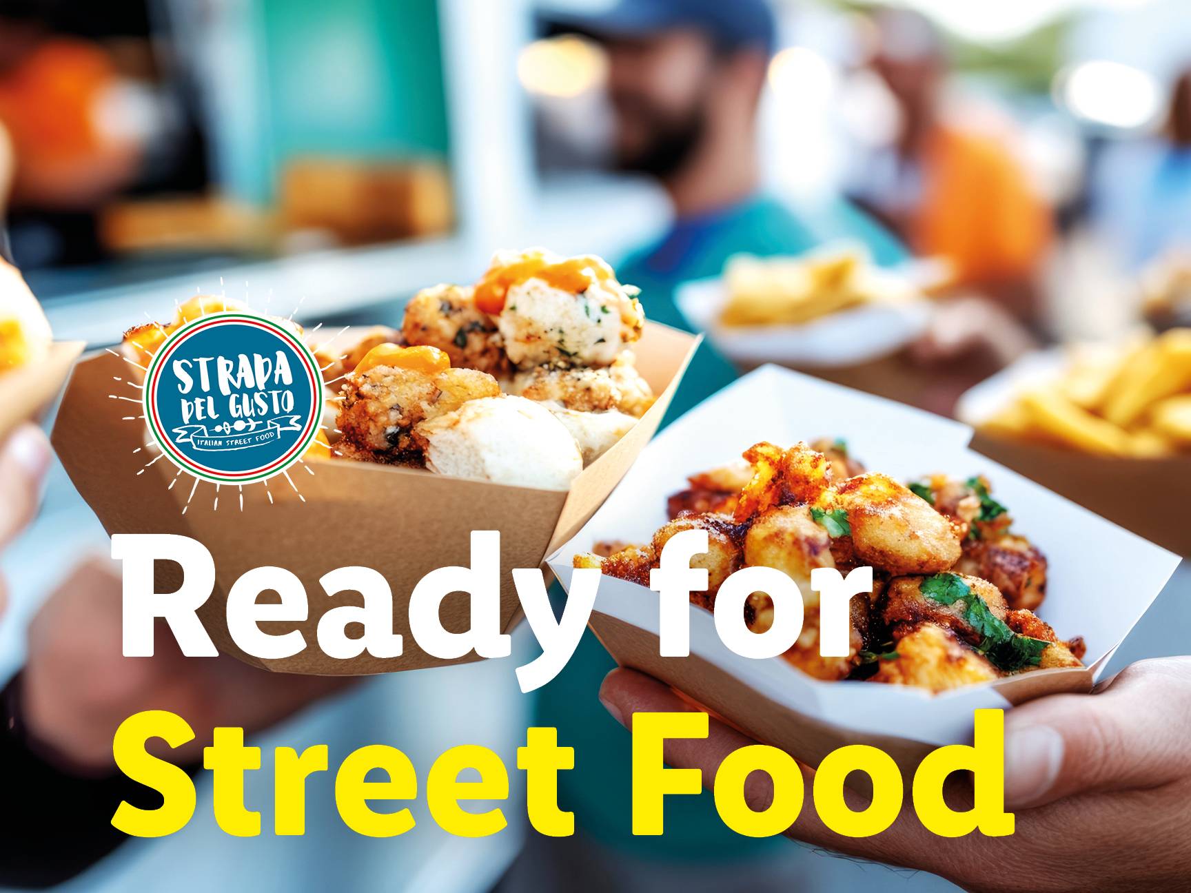 Hands holding street food boxes with fried items, text reads 'Ready for Street Food'.