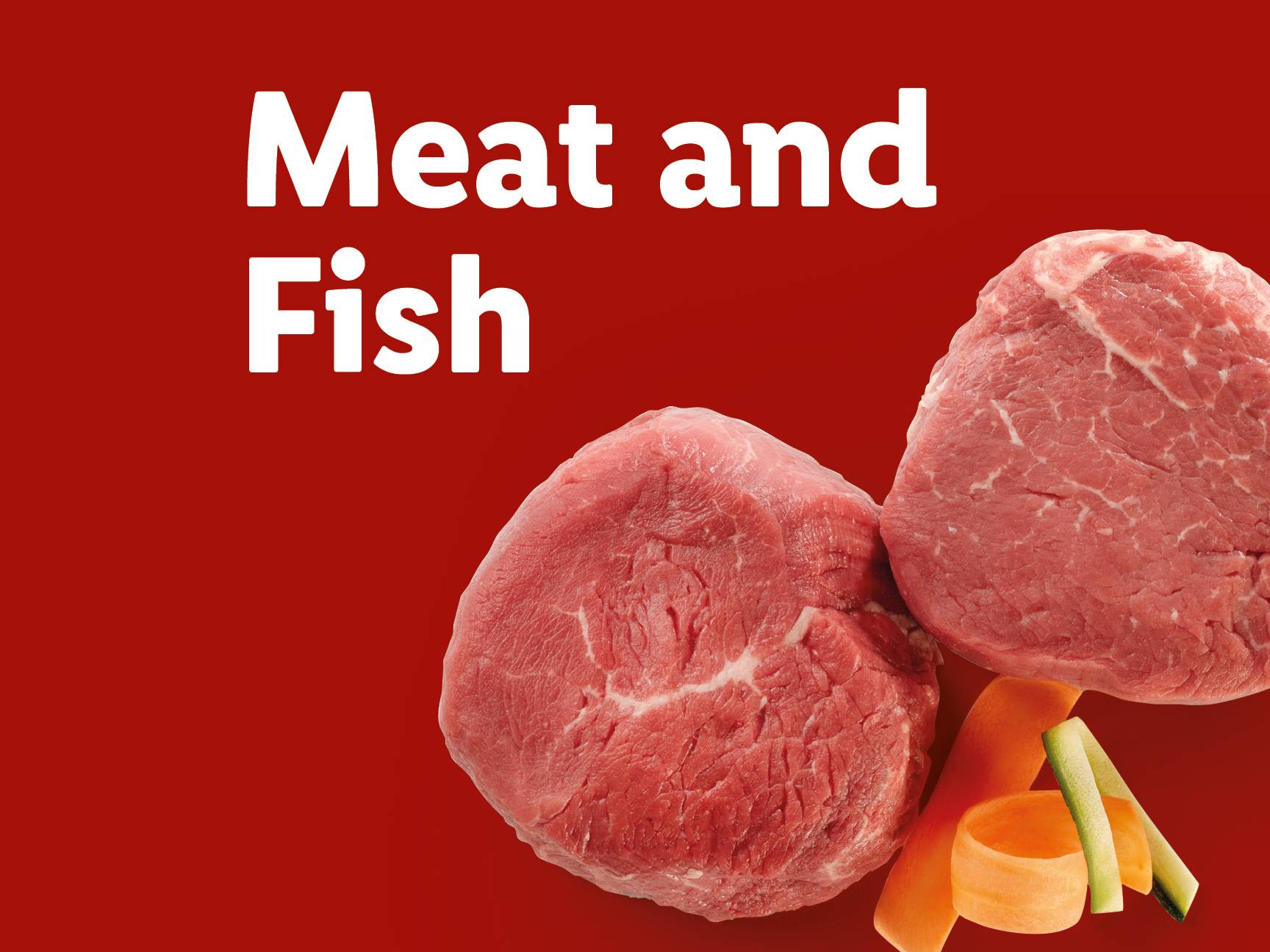 Two cuts of raw meat with vegetables and the text 'Meat and Fish'.