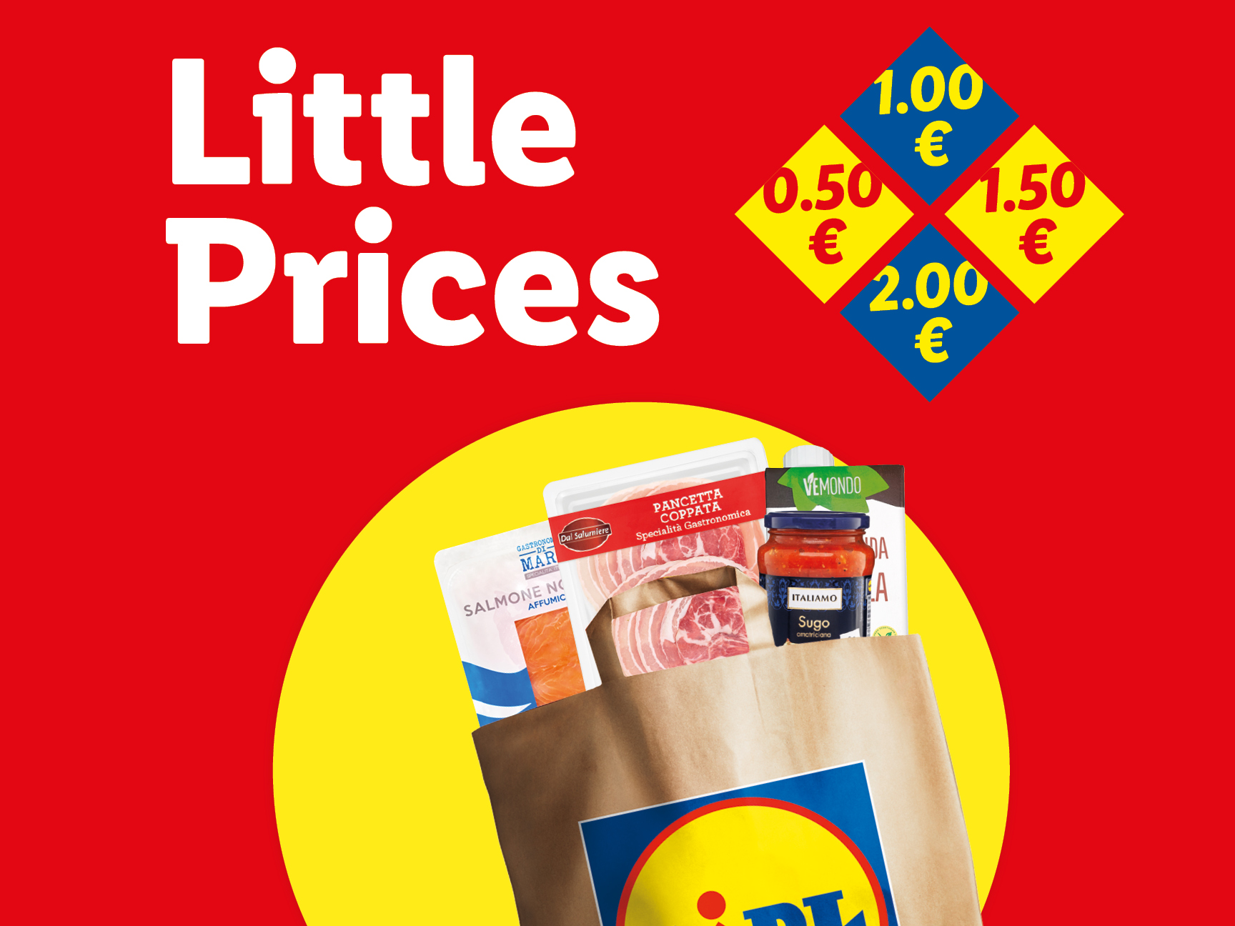 A red and yellow advertisement for 'Little Prices' with various food products in a brown paper bag, including salmon, pancetta, and tomato sauce, alongside price tags.