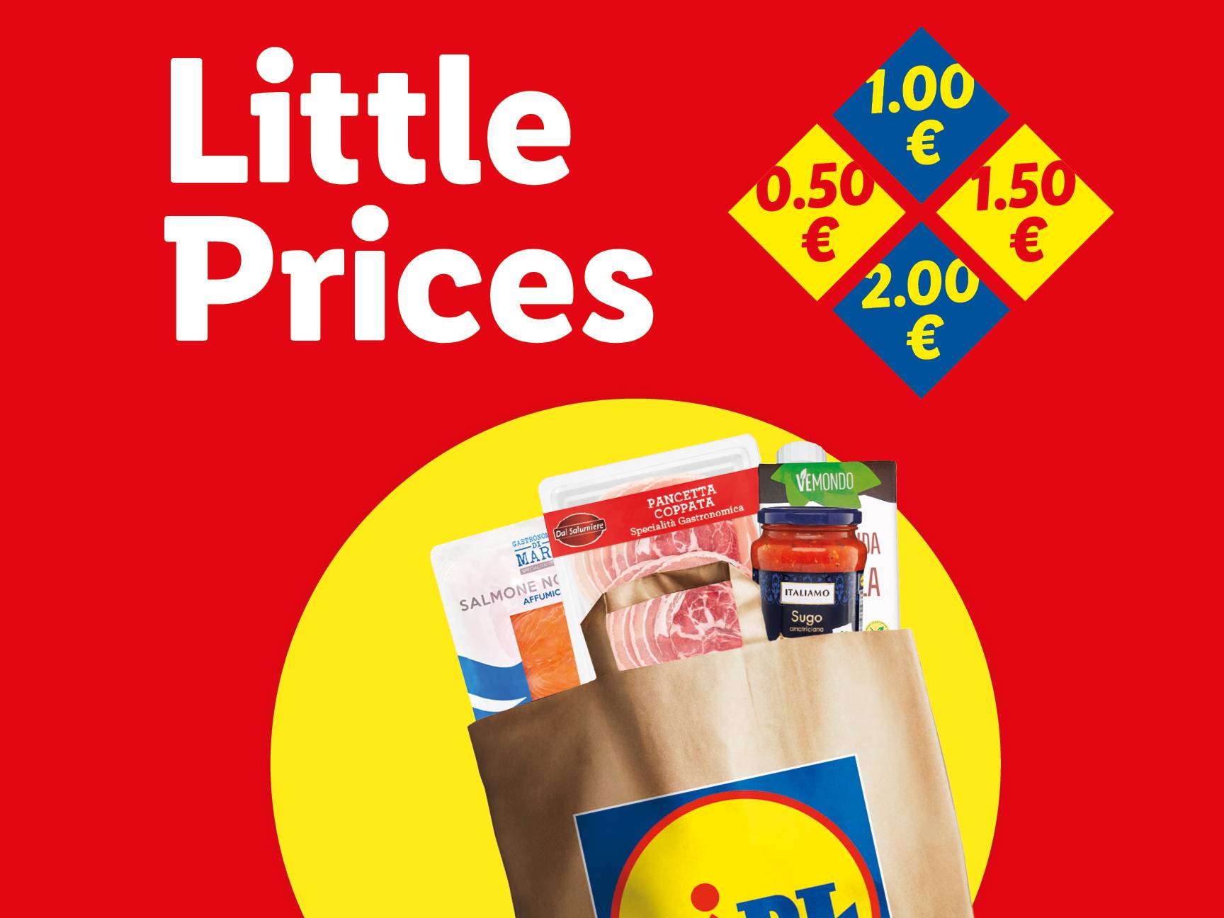 A shopping bag with various food items like salmon, pancetta, and tomato sauce, advertising 'Little Prices' with euro amounts.