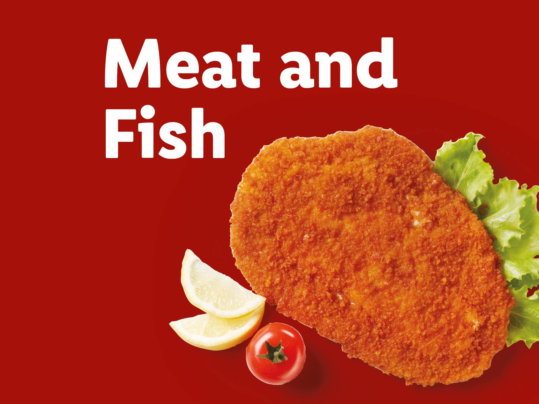 Breaded cutlet with lemon, tomato, and lettuce on a red background, with text.