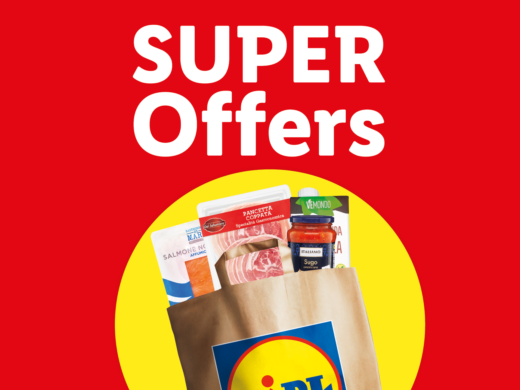 A shopping bag filled with groceries, including salmon, pancetta, and tomato sauce, with the text 'SUPER Offers' above.