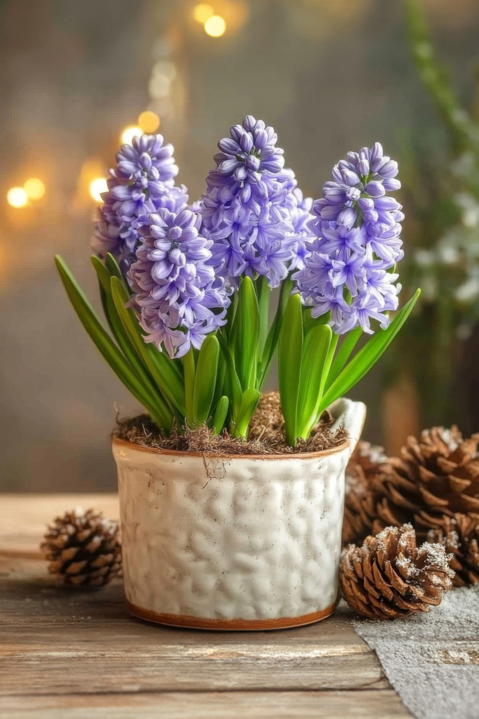 Purple hyacinths in a white pot with pinecones and fairy lights.