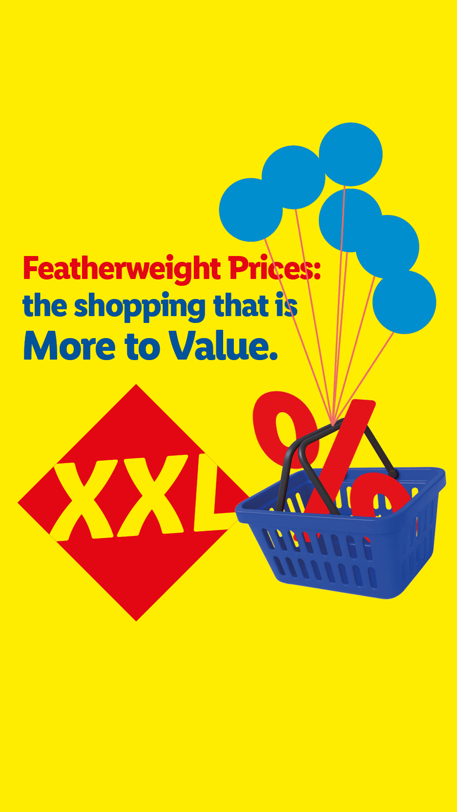 XXL logo, shopping basket with percentage sign, and text: Featherweight Prices.