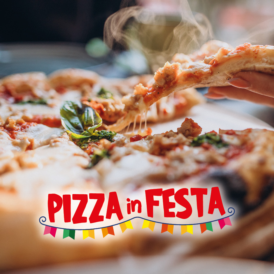 Steaming hot pizza slice being lifted, with 'PIZZA in FESTA' text and party flags.