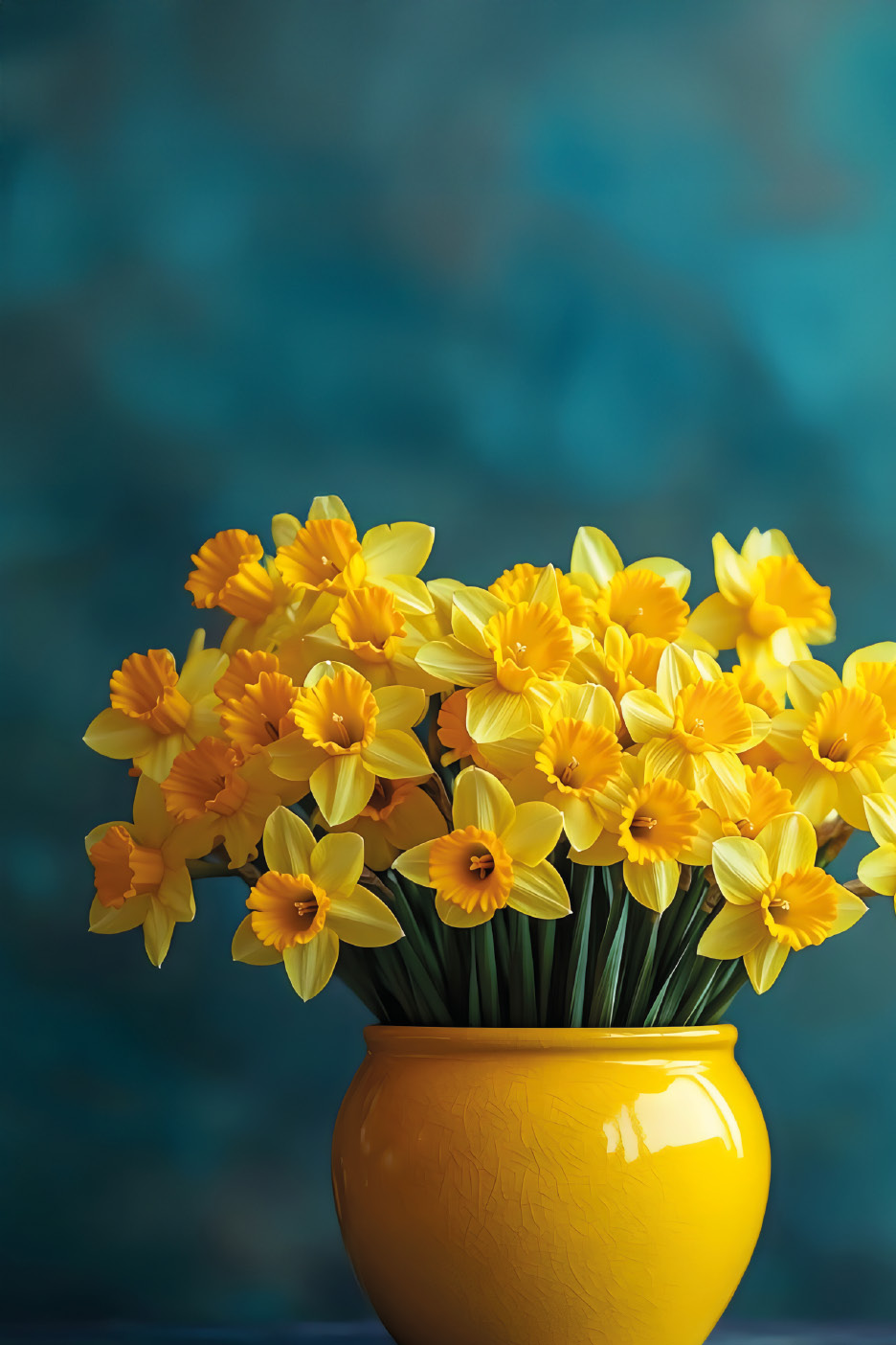 Vibrant yellow daffodils in a matching yellow vase against a teal background.
