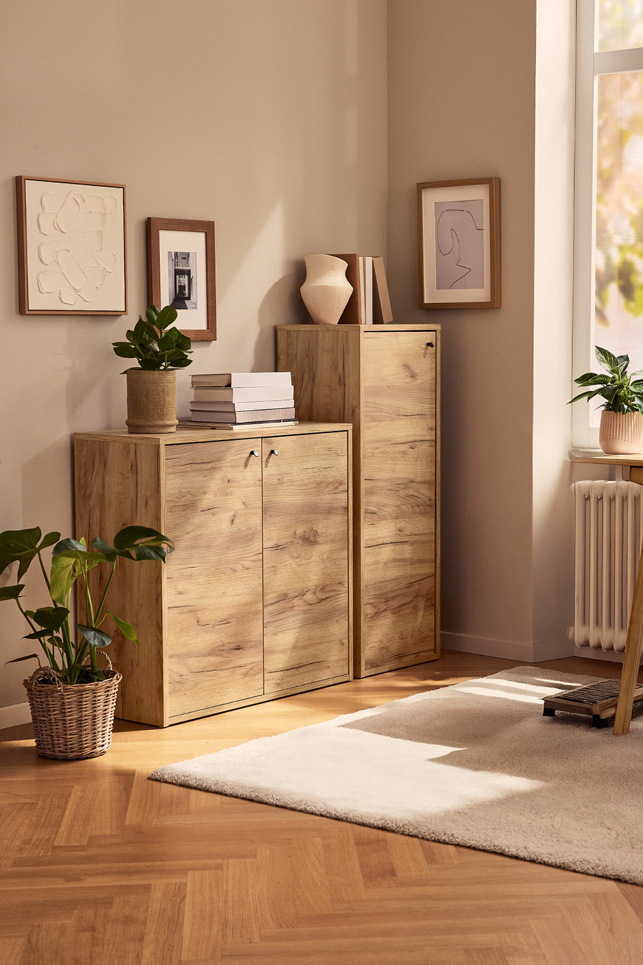 Two wooden cabinets with plants and framed art in a sunlit room with a rug.