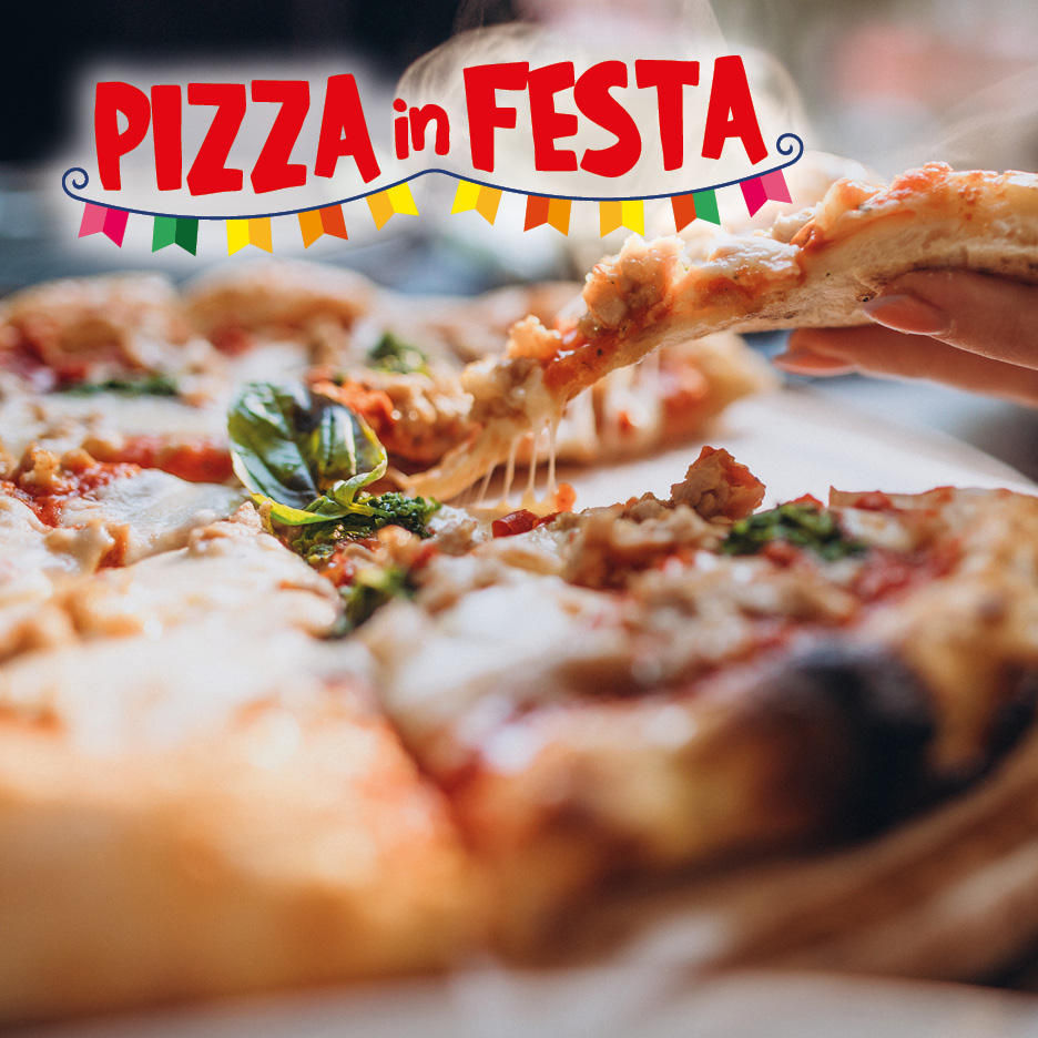 A hand taking a slice of hot, cheesy pizza with the text 'PIZZA in FESTA' and party flags.