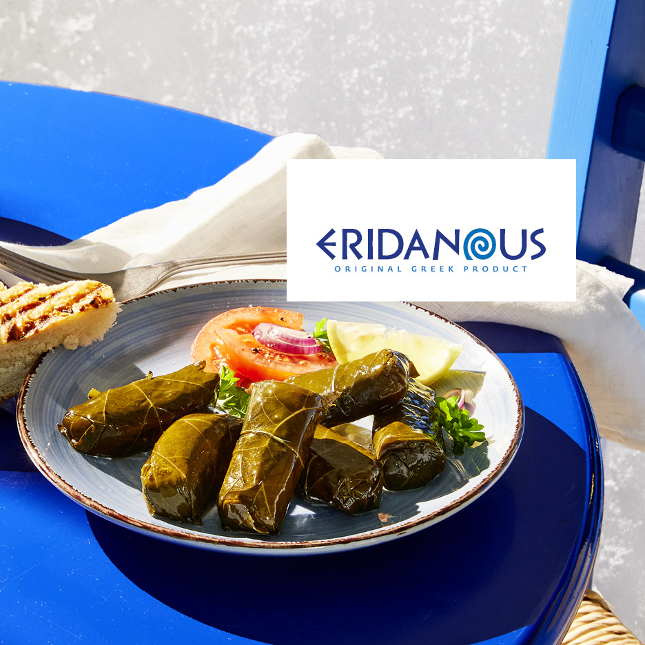 Eridanous dolmades with tomato, onion, lemon, and bread on a blue table.