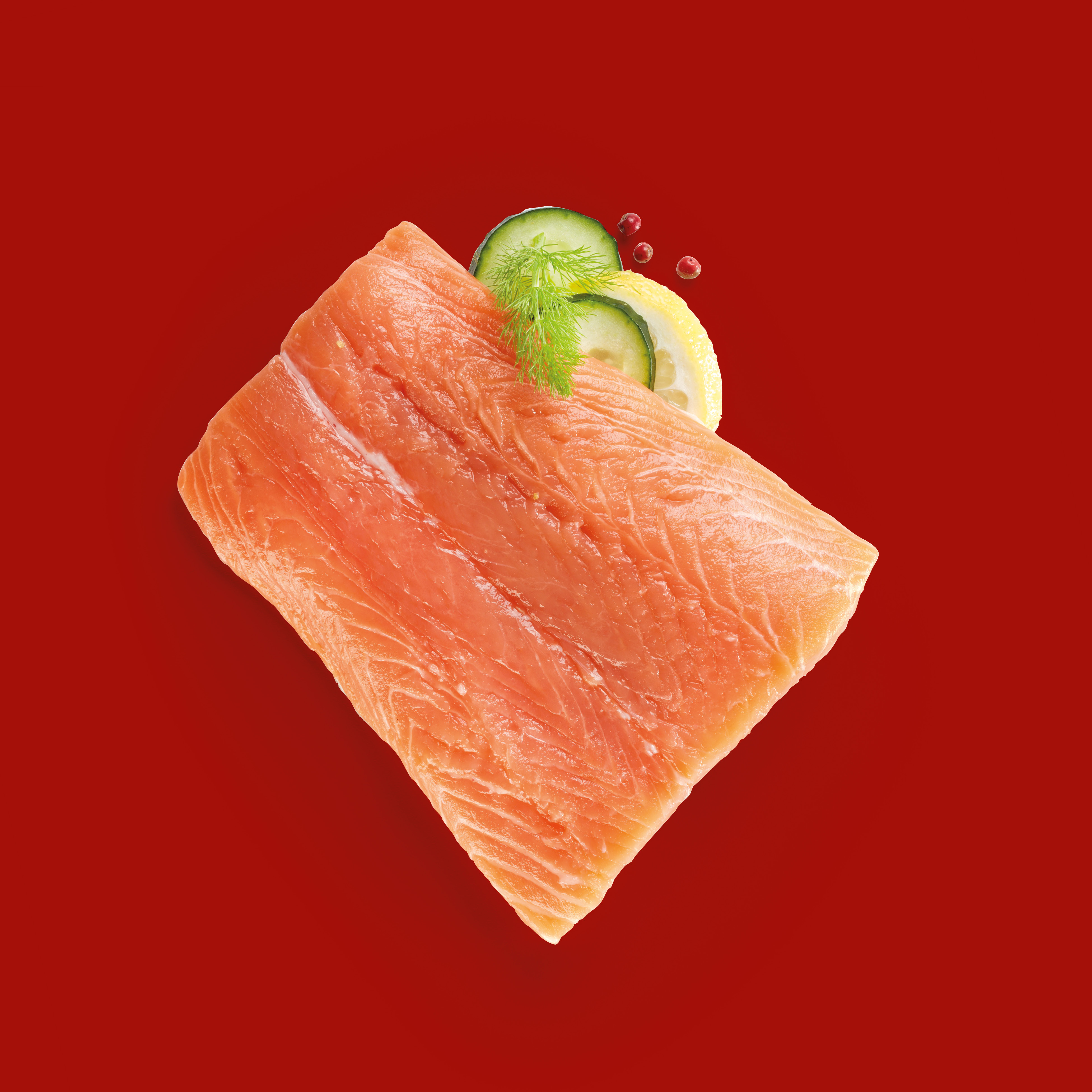 Fresh salmon fillet with lemon, cucumber, dill, and red peppercorns on a red background.