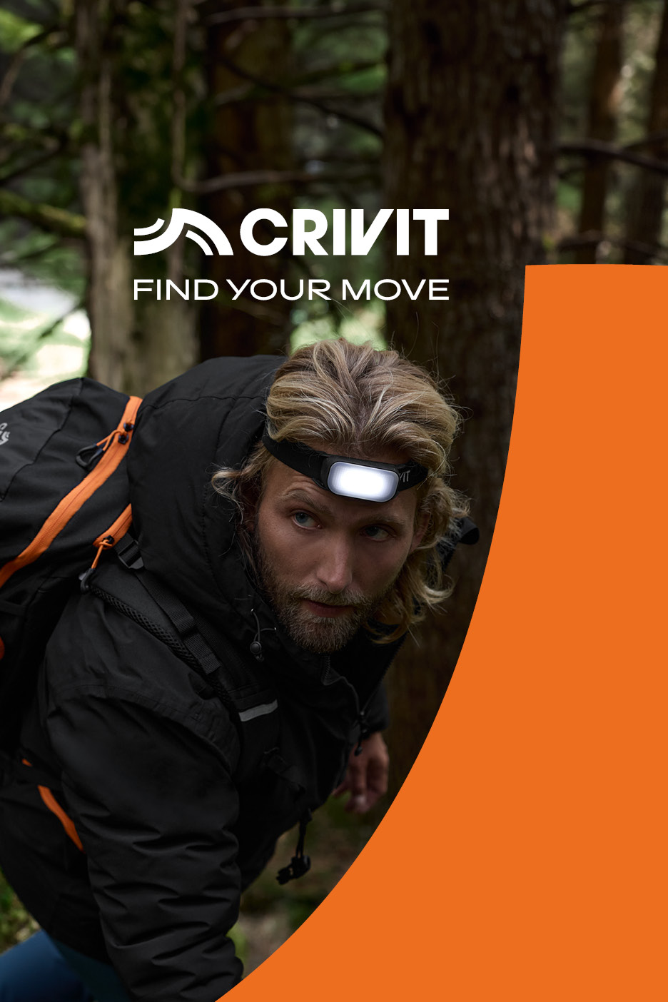 Man with headlamp and backpack hiking in a forest, with 'CRIVIT FIND YOUR MOVE' text.