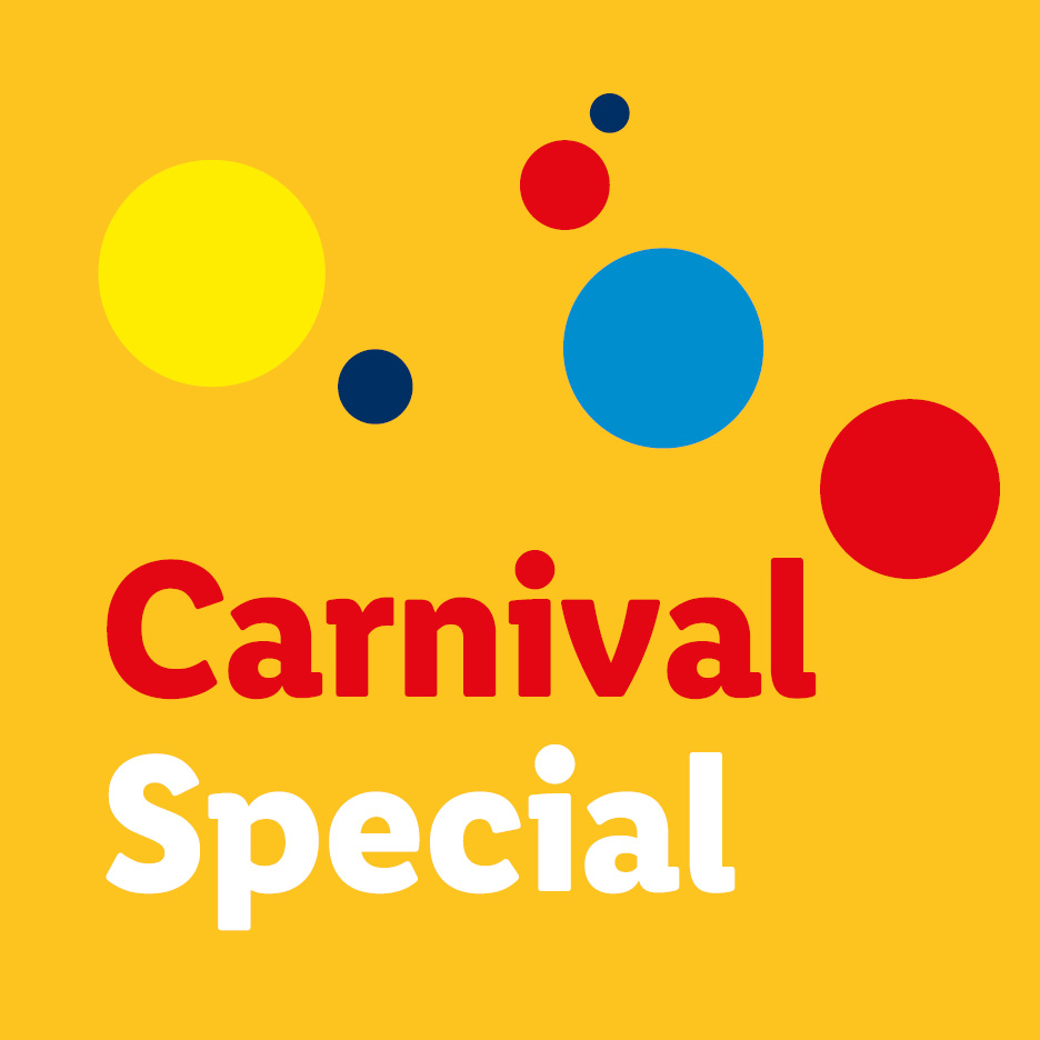 Carnival Special text in red and white on a yellow background with colorful circles.
