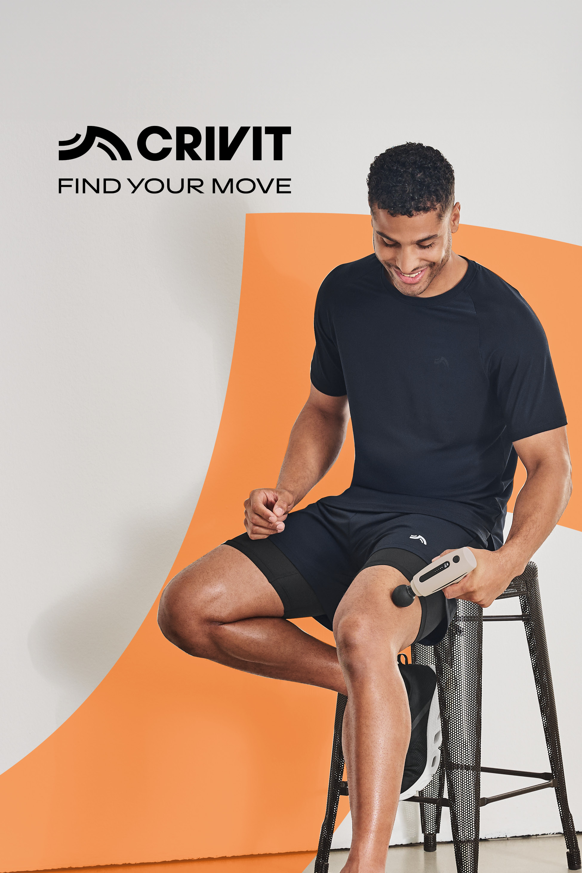 Man in sportswear using a massage gun on his thigh, with text 'FIND YOUR MOVE'.