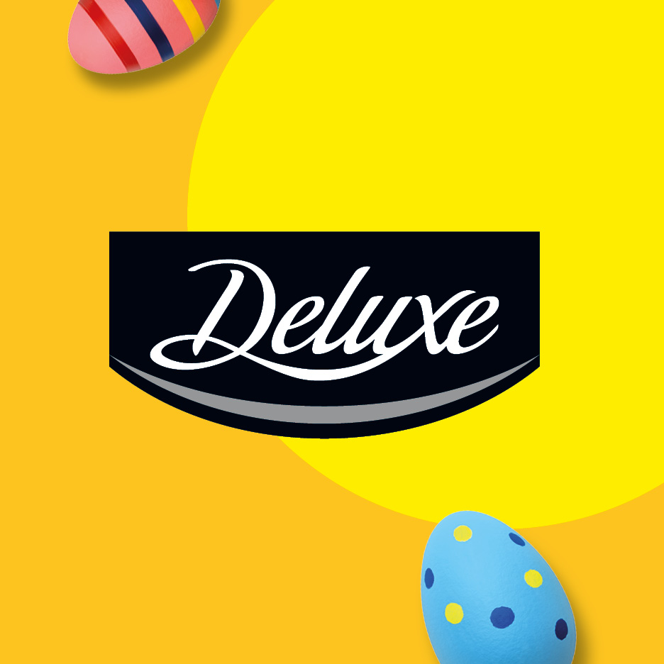 Easter-themed image with a paint brand logo and two decorated eggs on a yellow background.