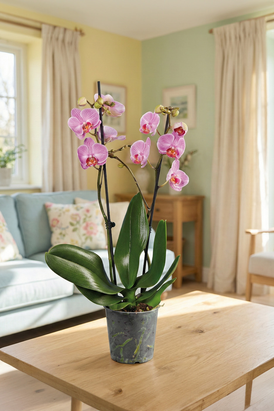 Pink orchid in a pot on a wooden table in a bright living room.