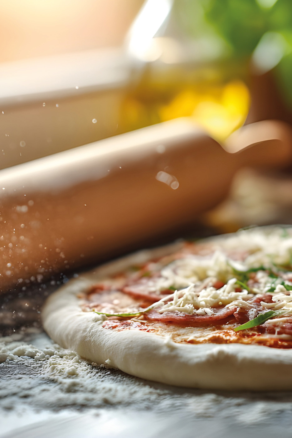 Uncooked pizza with salami, cheese, and basil, with a rolling pin and flour.