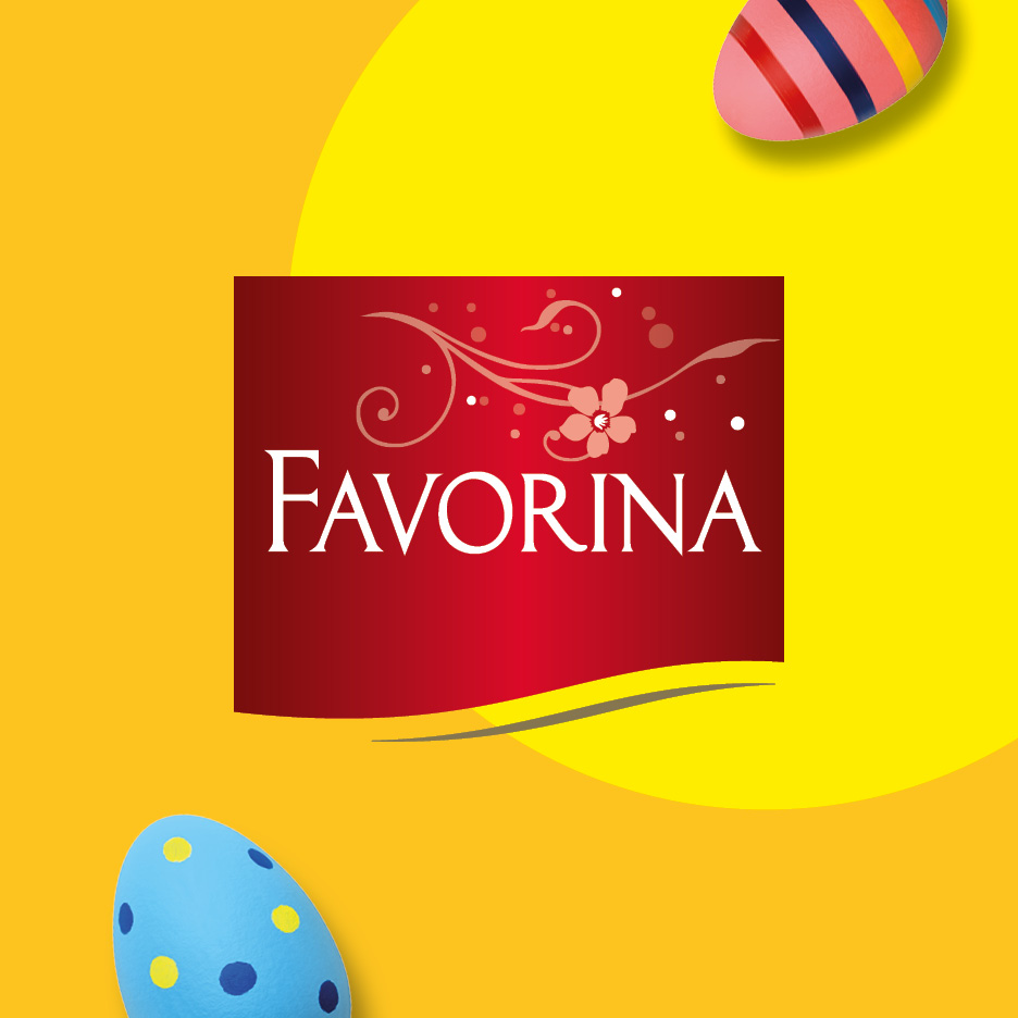 Easter-themed image with a red label featuring floral designs and two colorful Easter eggs.