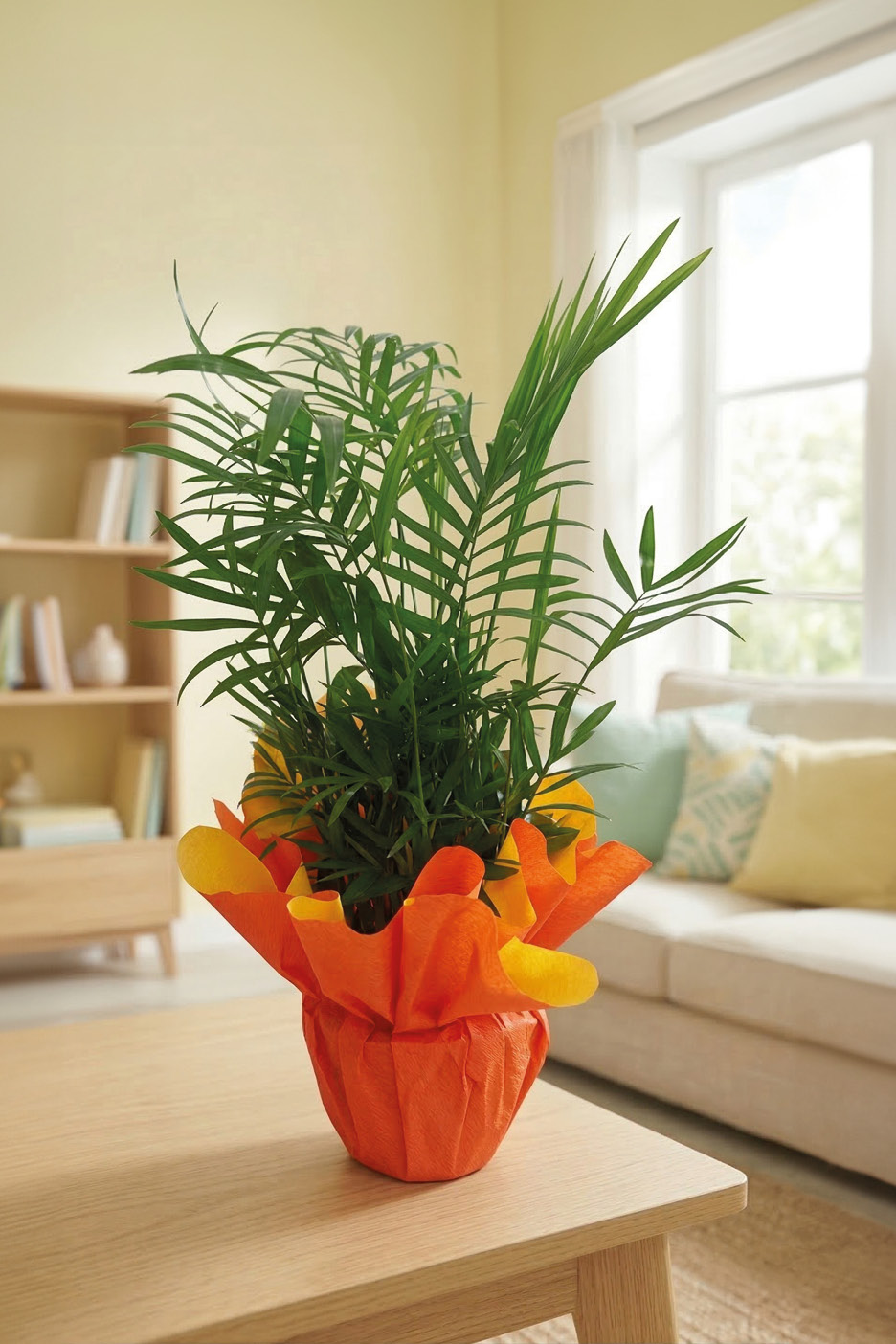 A vibrant green houseplant in orange and yellow wrapping sits on a wooden table in a bright living room.