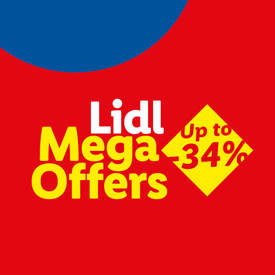 Red and blue background with 'Mega Offers' in yellow and 'Up to -34%' in a yellow diamond.