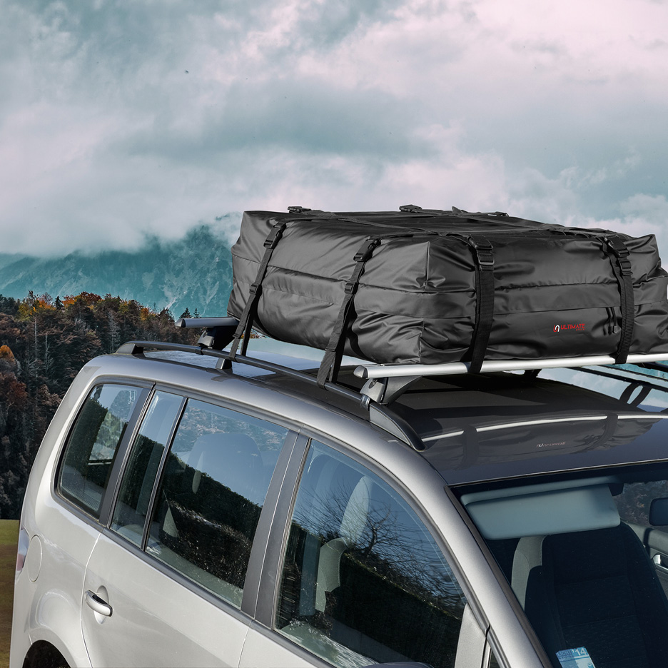 Car roof bag on a car roof rack, with a mountain and forest background.