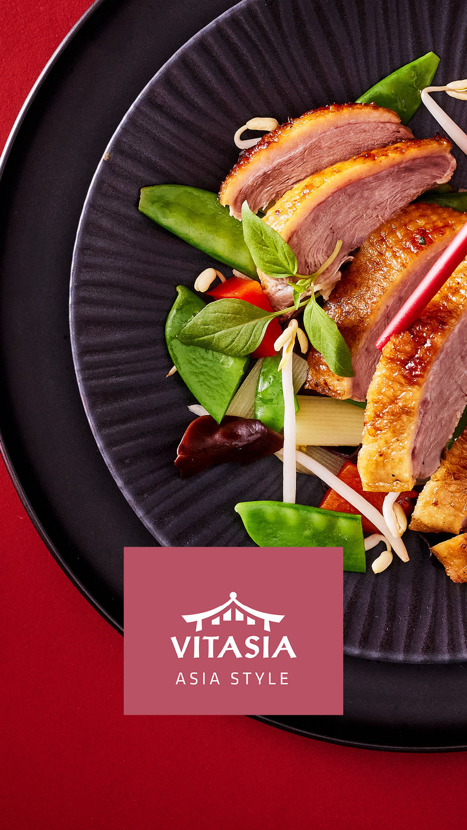 Crispy duck breast with stir-fried vegetables and bean sprouts on a black plate.