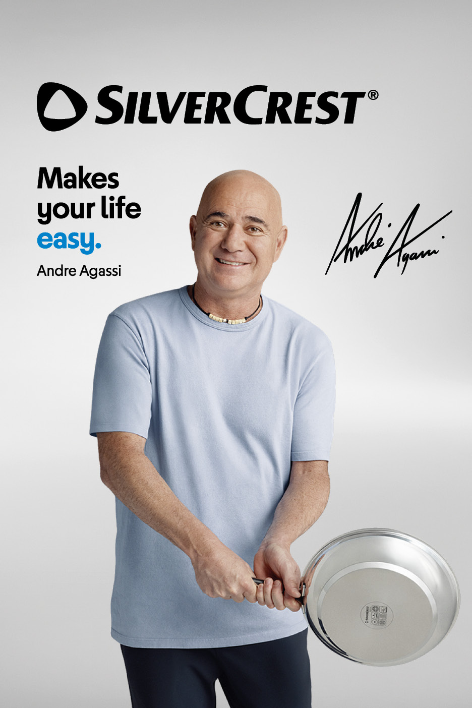 Man holding a frying pan, with text: Makes your life easy. Andre Agassi.