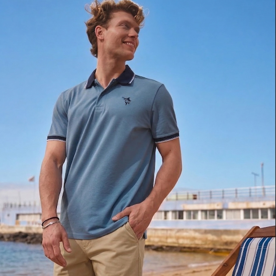 Man in a blue polo shirt and khaki shorts on a beach, smiling and looking right.