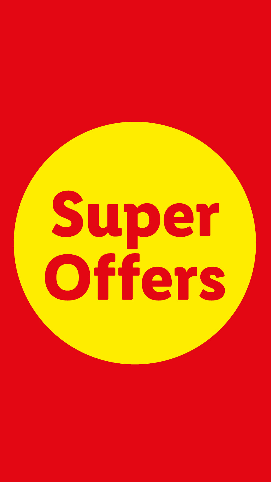 Red background with a yellow circle in the center, displaying 'Super Offers' in red text.