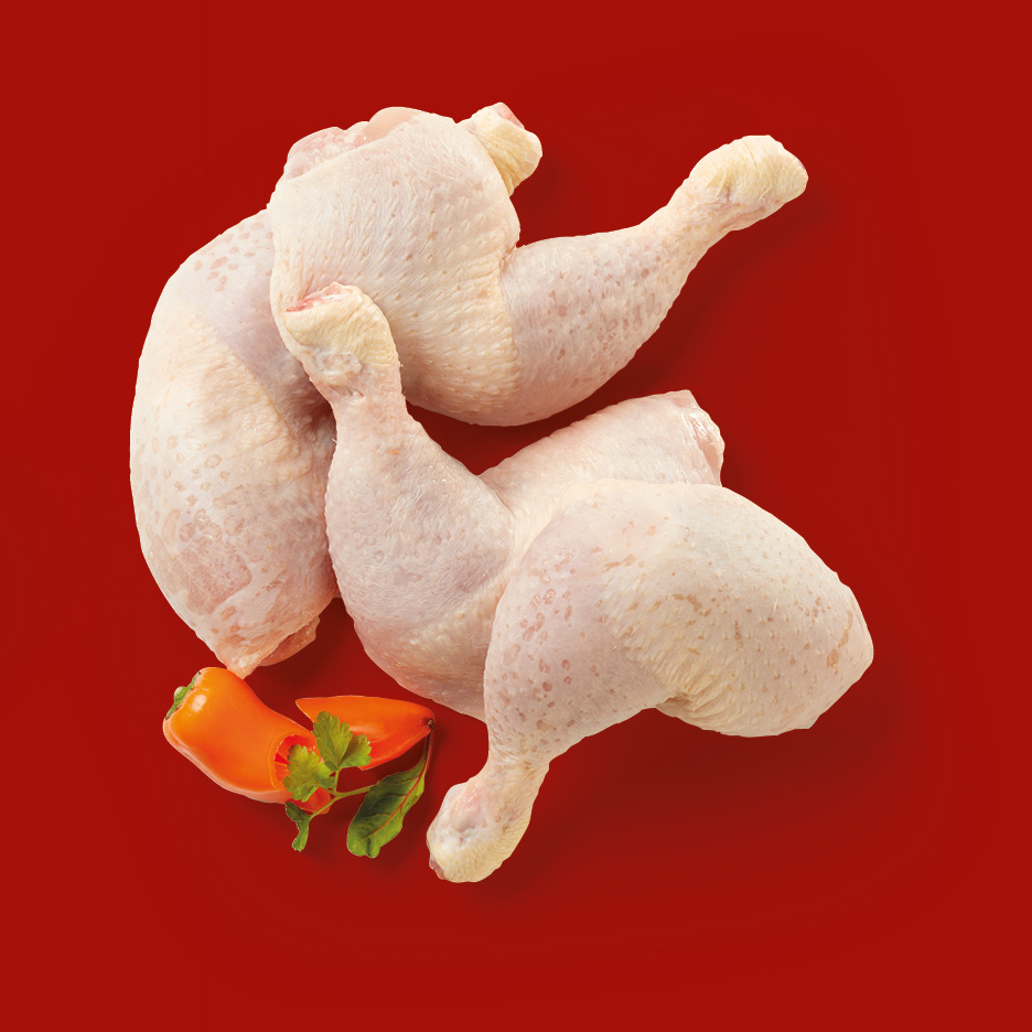 Raw chicken leg quarters with orange bell peppers and parsley on a red background.