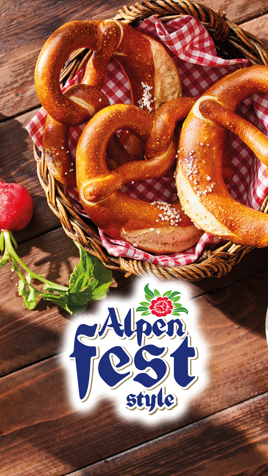 Basket of pretzels with salt, a radish, and 'Alpen Fest style' text.