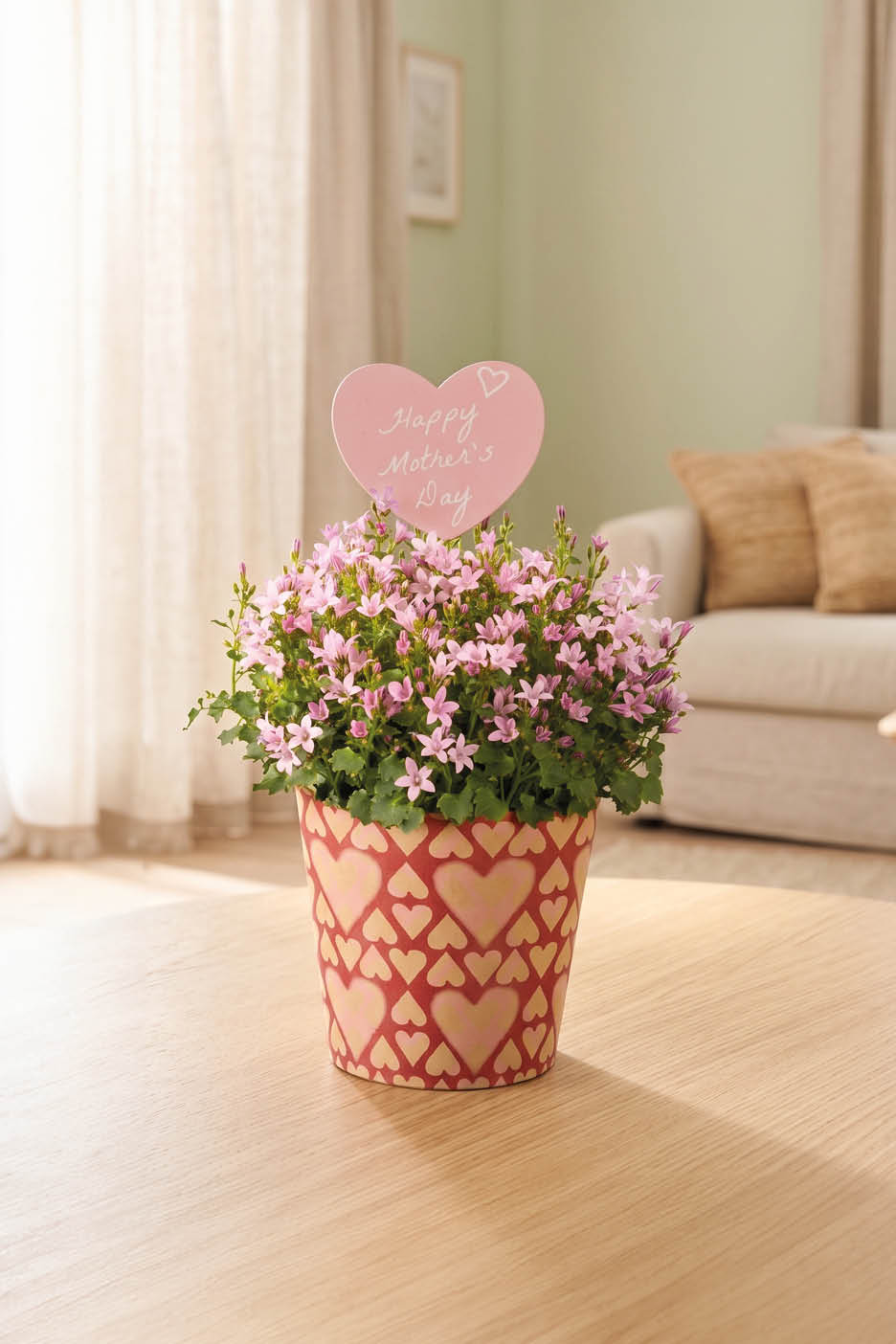 Potted pink flowering plant with a 'Happy Mother's Day' heart pick on a wooden table.