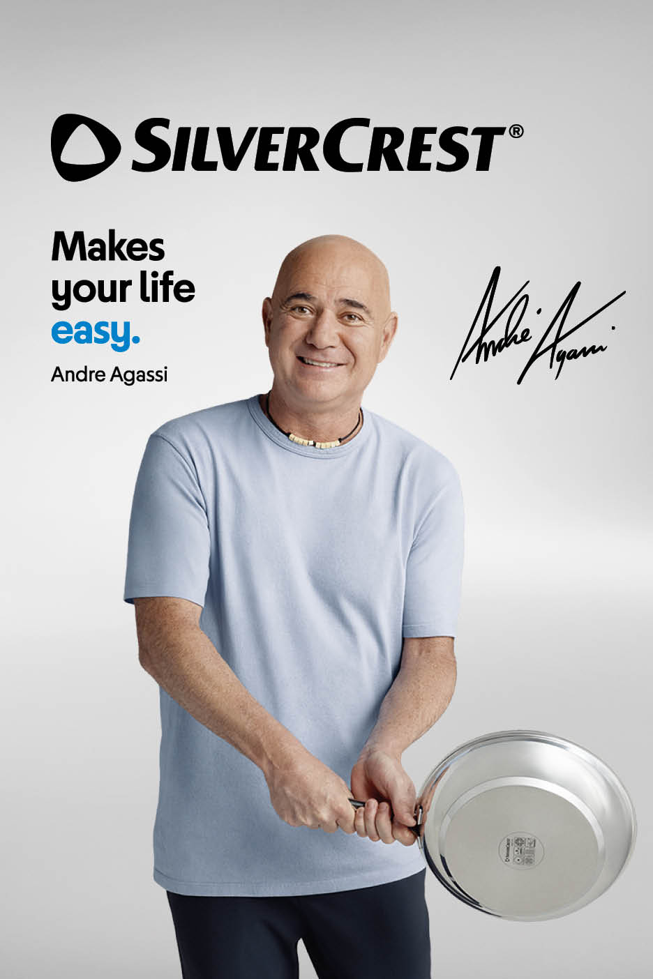 Andre Agassi holding a frying pan, with text 'Makes your life easy' and his signature.